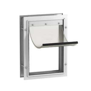 Dog door with a white flap on a white background