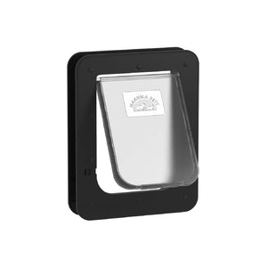 Pet door with a clear flap on a white background