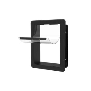 Black pet door with clear flap on a white background