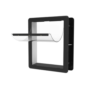 Black and clear glass wall-mounted shelf on a white background