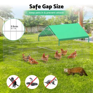 Chicken coop with green cover on grass, showing safe gap size and preventing pets from entering.