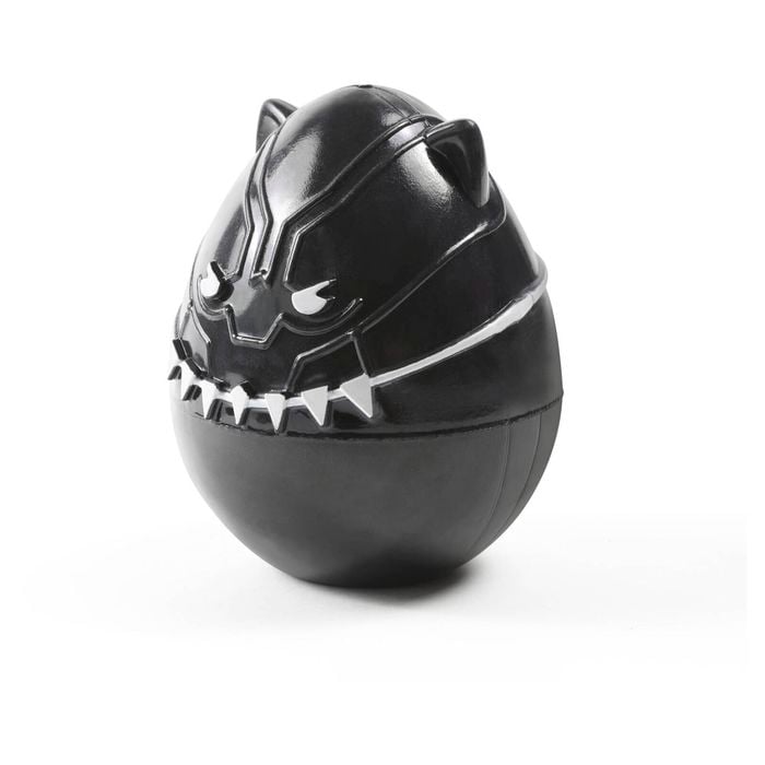 Black and silver egg-shaped container with a panther design on a white background