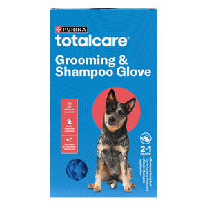 Purina Totalcare Grooming & Shampoo Glove packaging with a dog on a blue background at Pet Servo