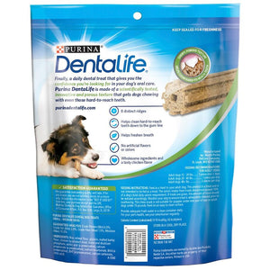 Purina Dentalife dog treat package with a dog holding a treat on a blue background