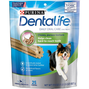 Purina Dentalife dog treats packaging with a dog on the label