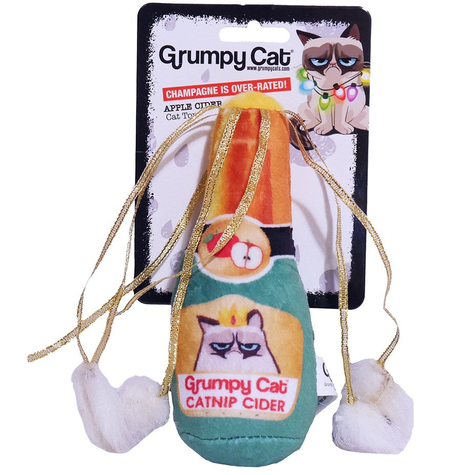 Grumpy Cat-themed catnip cider toy with packaging featuring Grumpy Cat illustration.