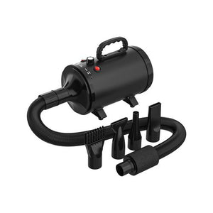 A black professional dog grooming hair dryer with heater, including various nozzles and a flexible hose attached.