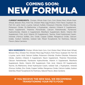 Product label with 'Coming Soon: New Formula' text and ingredient lists on a blue and orange background.
