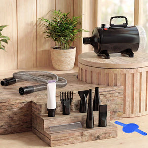 Pet grooming tools on a wooden stand with a plant in the background at Pet Servo