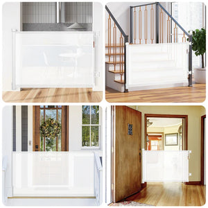 White baby gate in various home settings including a staircase, doorway, and room at Pet Servo