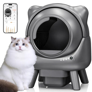 Gray cat-shaped litter box with a white and brown cat sitting next to it, and an app icon displayed at Pet Servo