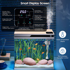 Smart aquarium with digital display and water temperature control features.
