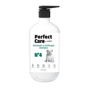 White bottle of Perfect Care antiseptic and antifungal shampoo with a pump on a white background at Pet Servo