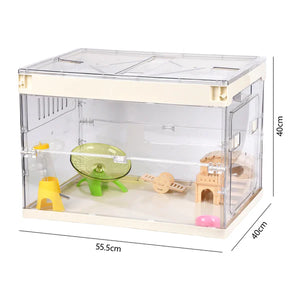Clear hamster cage with toys and dimensions on a white background