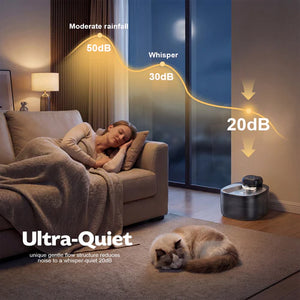 Woman and cat in a living room with a device labeled 'Ultra-Quiet' showing noise levels at Pet Servo