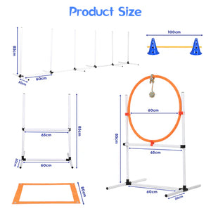 Measurement chart of dog agility course components with dimensions labeled at Pet Servo