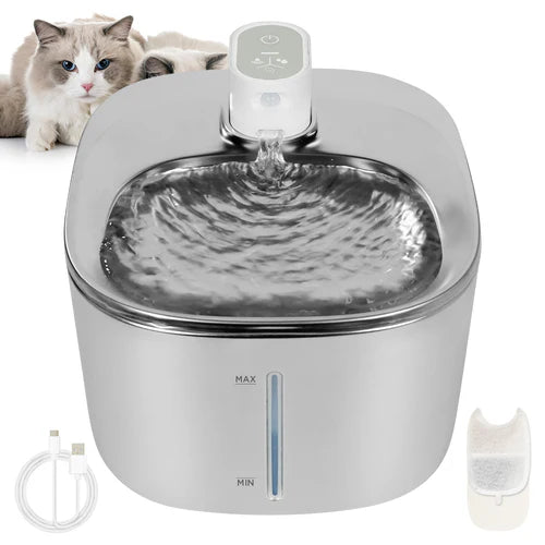 Stainless steel pet water fountain with a cat sitting next to it on a white background at Pet Servo