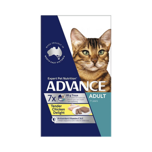 A tin of Advance Adult Dog Small Breed Tender Chicken Delight Feline Wet Food, featuring a picture of a cat on the packaging at Pet Servo