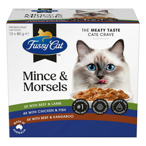 Fussy Cat Mince & Morsels cat food packaging with a cat on the front.