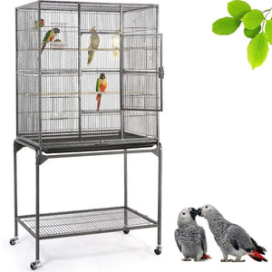 Large bird cage with wheels on a stand, featuring parrots inside and two gray parrots outside at Pet Servo