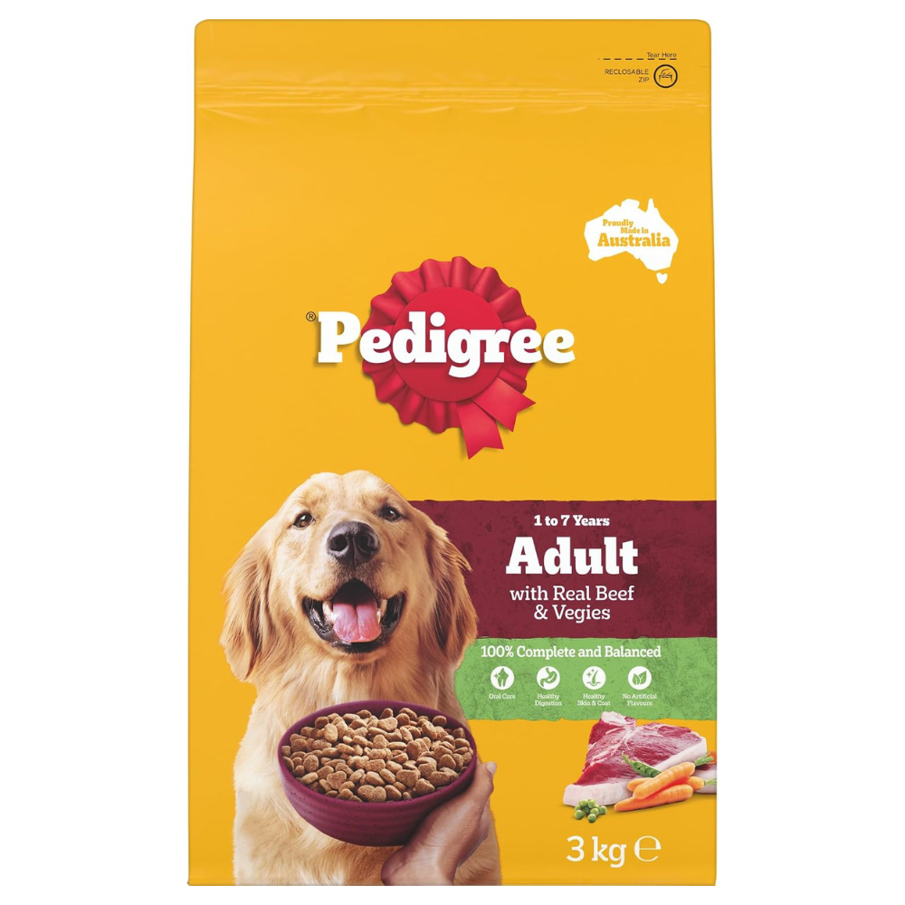A 3 kg bag of Pedigree Adult dog food with Real Beef & Veggies, featuring a golden retriever holding a bowl of kibble on a bright yellow background.