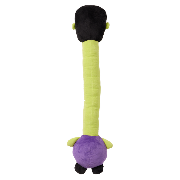 Plush toy with a long green body, black head, and purple base on a white background at Pet Servo