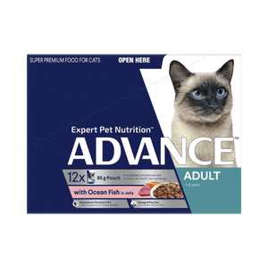 A package of Advance brand premium cat food, featuring an image of a Siamese cat and indicating that it is a 12x 85g product with ocean fish flavor, designed for adult cats at Pet Servo