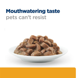 Dog food in a bowl with text 'Mouthwatering taste pets can't resist' on a white background