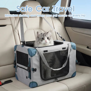 Pet carrier for safe car travel with a cat inside, placed on a car seat at Pet Servo