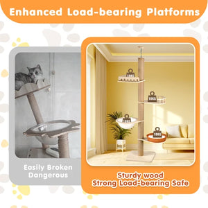 Promotional graphic for a multi-level cat tree with an orange header reading 'Enhanced Load-bearing Platforms' and a large inset showing a living room scene with a tall wooden cat tree. A smaller inset on the left shows a cat using the top perch and the text 'Easily Broken Dangerous at Pet Servo