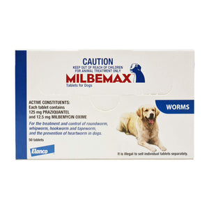 Box of Milbemax 50 tablets for dogs with a caution label and a picture of a dog on a white background at Pet Servo