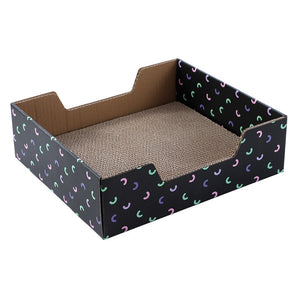 Cardboard cat scratcher with colorful crescent moon pattern on a white background at Pet Servo