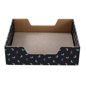 Cardboard cat scratcher with colorful crescent moon pattern on a white background at Pet Servo