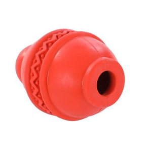 Red dog toy with textured surface and central hole on a white background at Pet Servo
