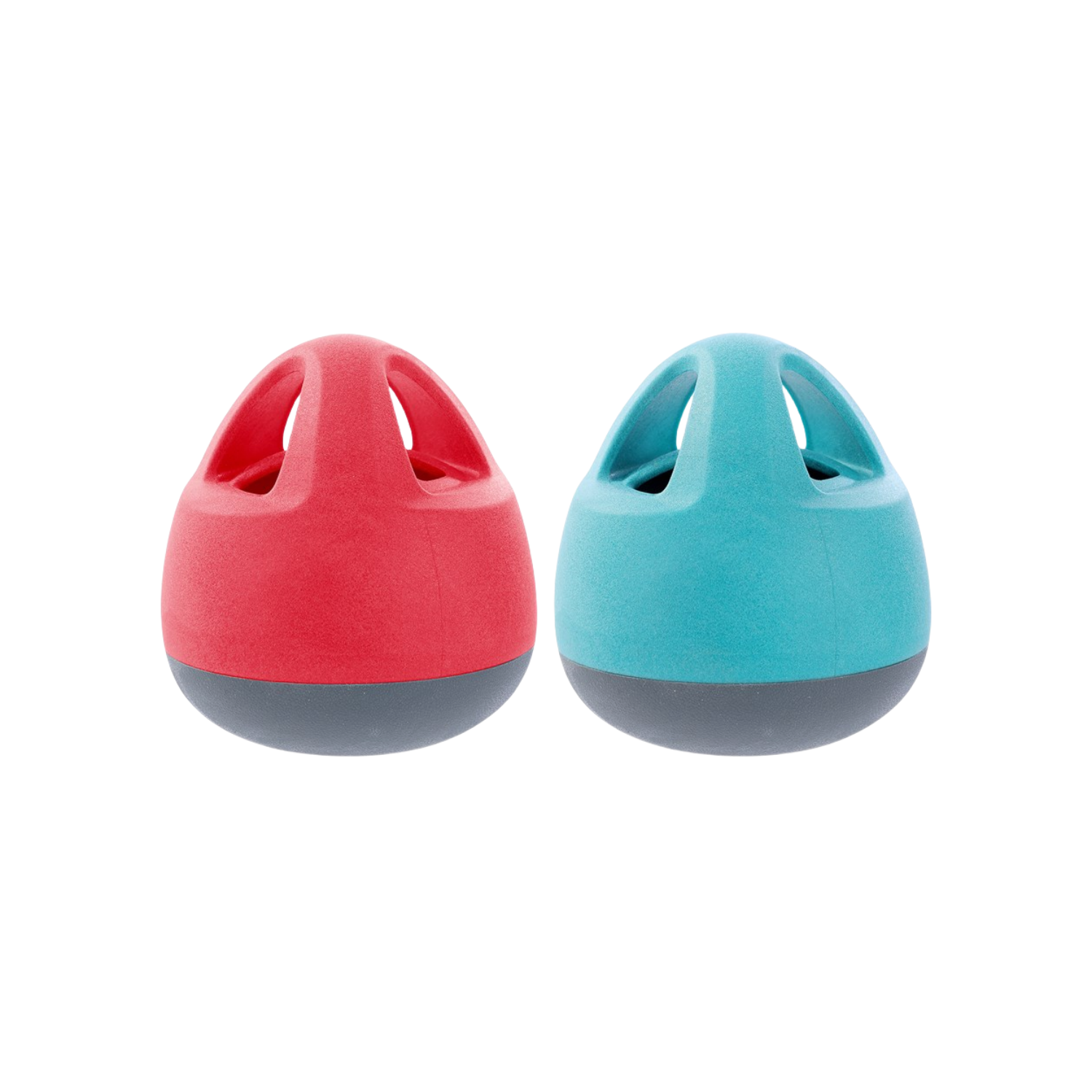 Two colorful dog toys, one red and one blue, on a white background at Pet Servo