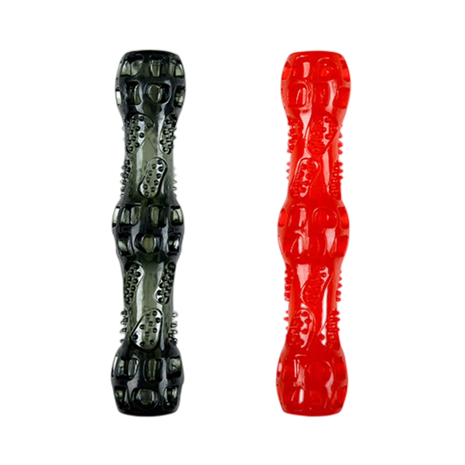 Black and red textured dog toys on a white background at Pet Servo