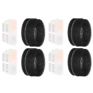 Six replacement filter cartridges arranged in a 2x3 grid on a plain white background, including four black foam sponge elements and two translucent white pleated elements at Pet Servo