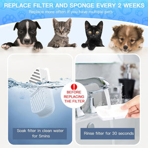 Instructions for replacing a filter and sponge with images of pets and cleaning process at Pet Servo