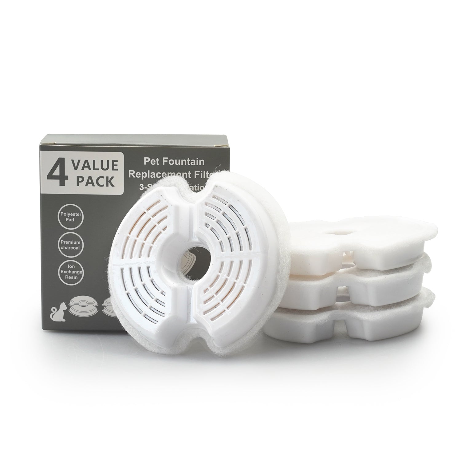 Pet fountain replacement filters with packaging on a white background at Pet Servo
