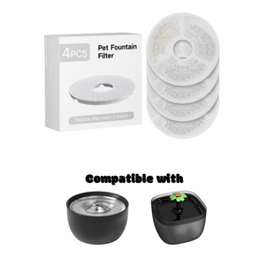Pet fountain filters with packaging and compatibility text on a white background at Pet Servo