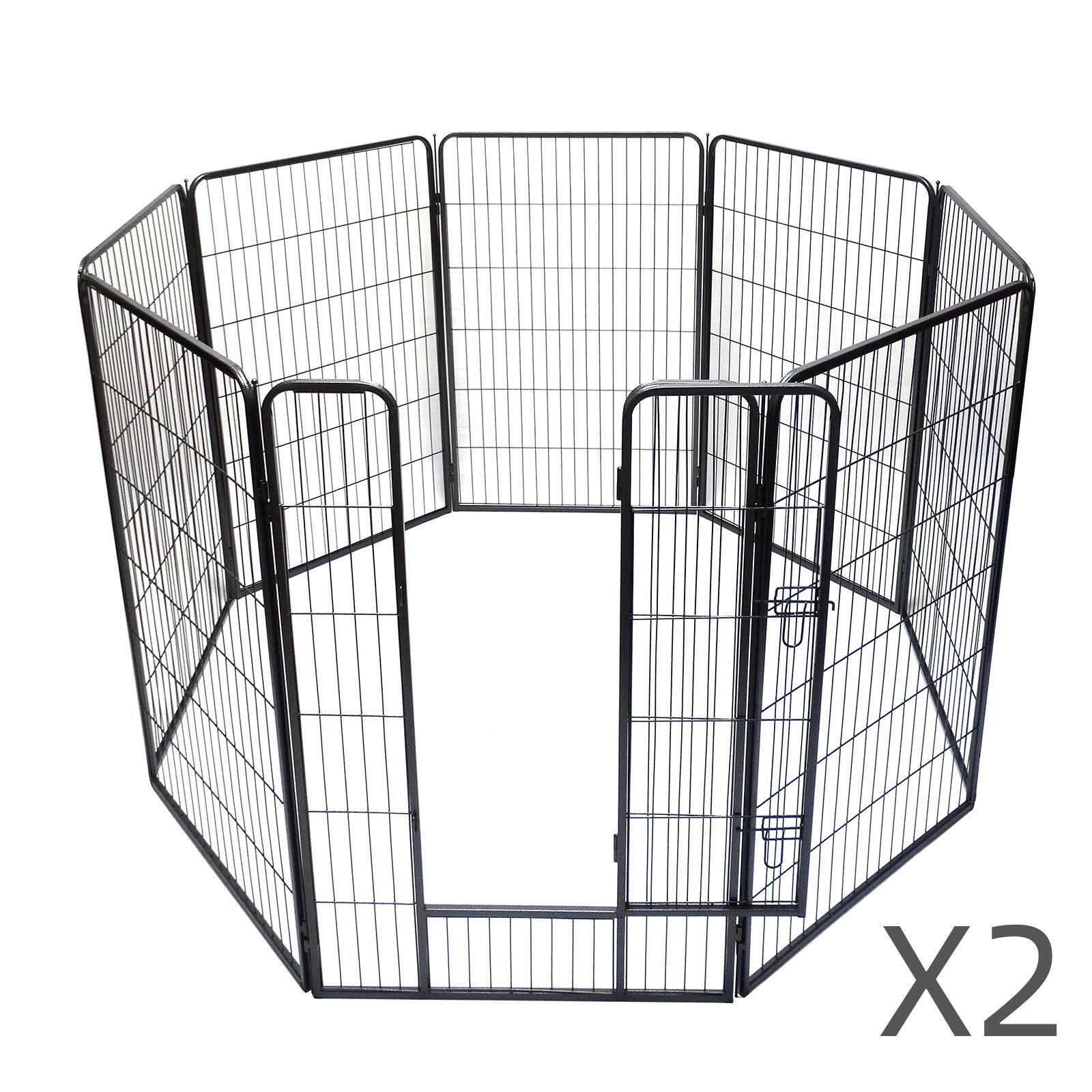 Black metal pet playpen with a total of eight panels on a white background at Pet Servo