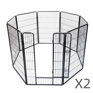 Black metal pet playpen with a total of eight panels on a white background at Pet Servo