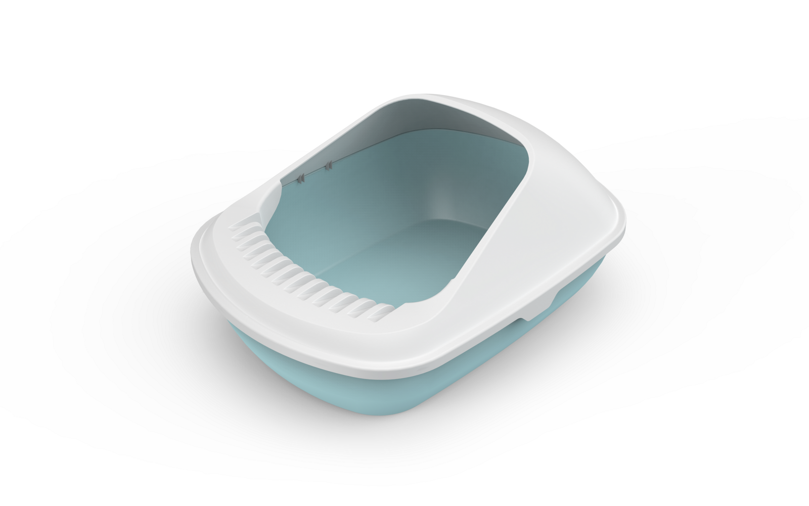 Pet litter box with a white top and light blue bottom on a white background at Pet Servo