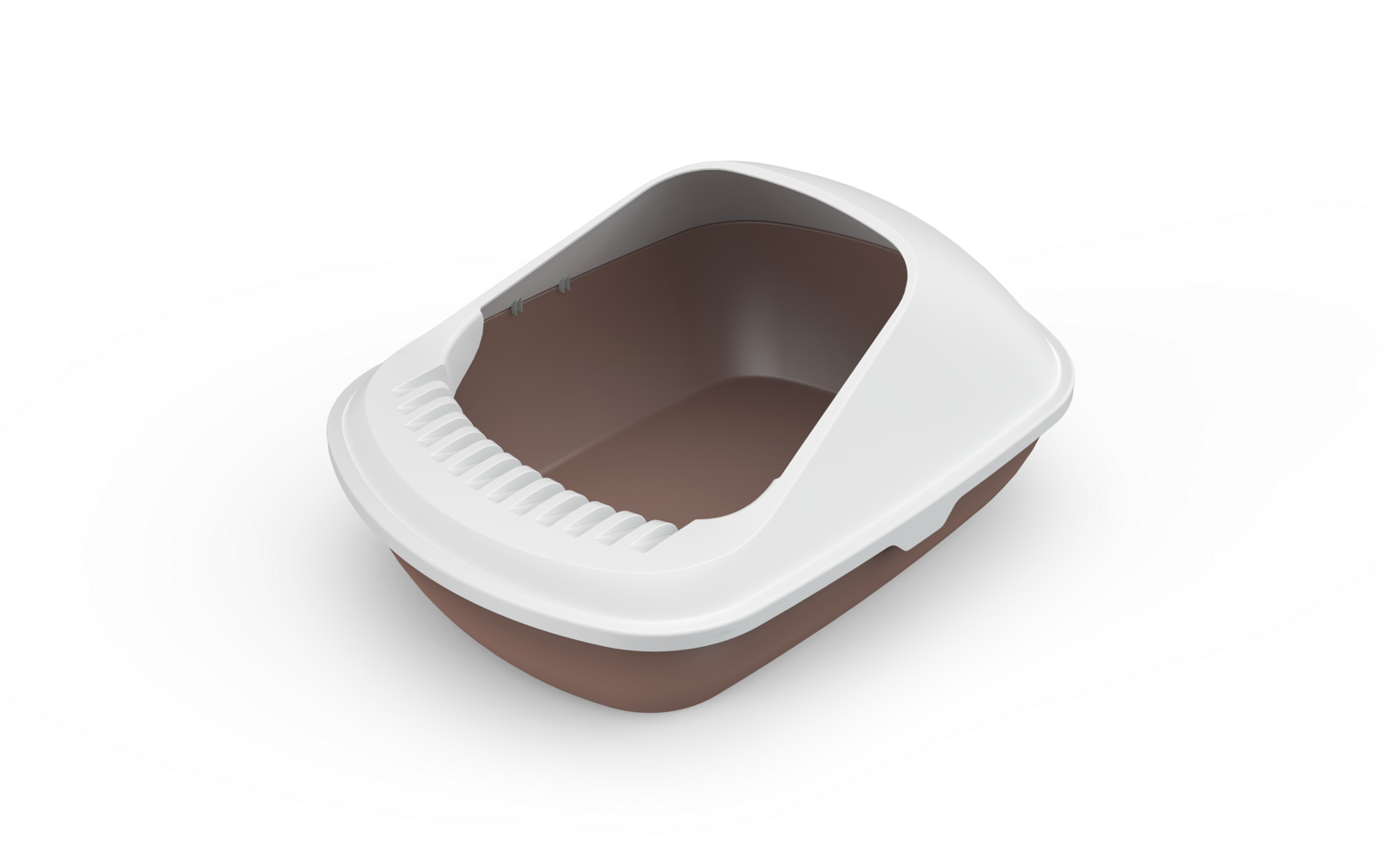 Cat litter box with a white rim and brown base on a white background at Pet Servo