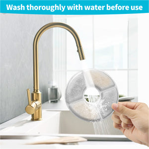 Gold kitchen faucet with water filter and text 'Wash thoroughly with water before use' on a kitchen sink background at Pet Servo