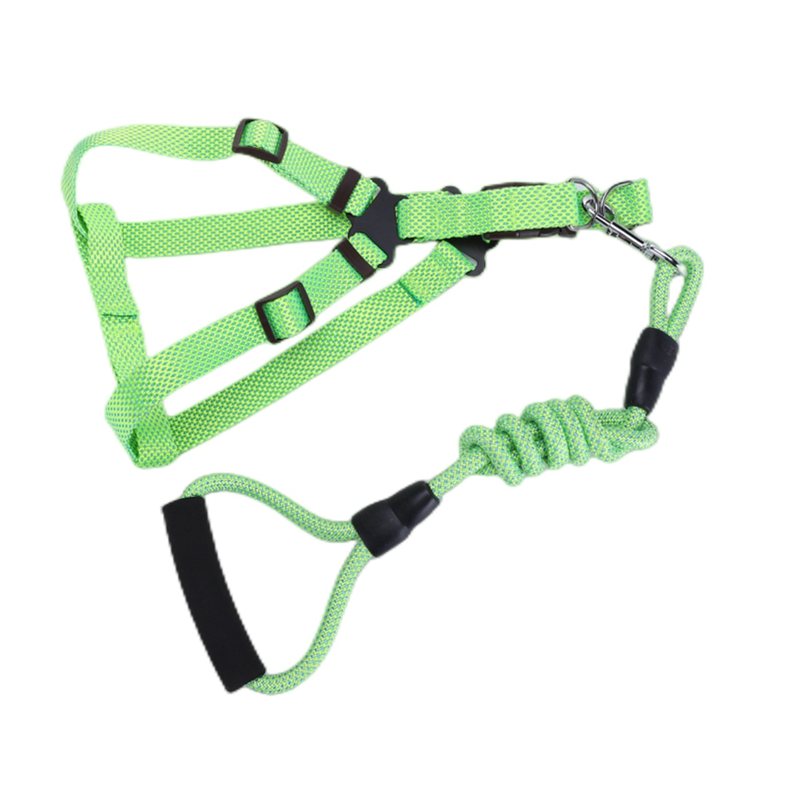 Green dog harness with a leash on a white background at Pet Servo