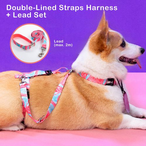 Paw Mate - Banhamsisun Marbel Pink L Dog Double-Lined Straps Harness and Lead Set Leash Adjustable No Pull - petservo