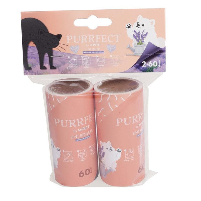Purrfect by Purfy two roll-on cat litter cans in pink packaging, sealed in a clear plastic bag with a printed header card showing a black cat illustration and the brand name at Pet Servo