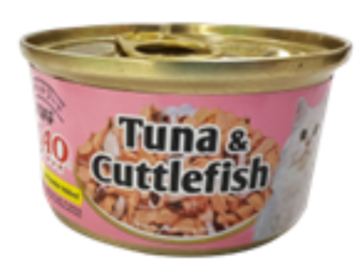 Can of tuna and cuttlefish cat food with pink label and gold lid.