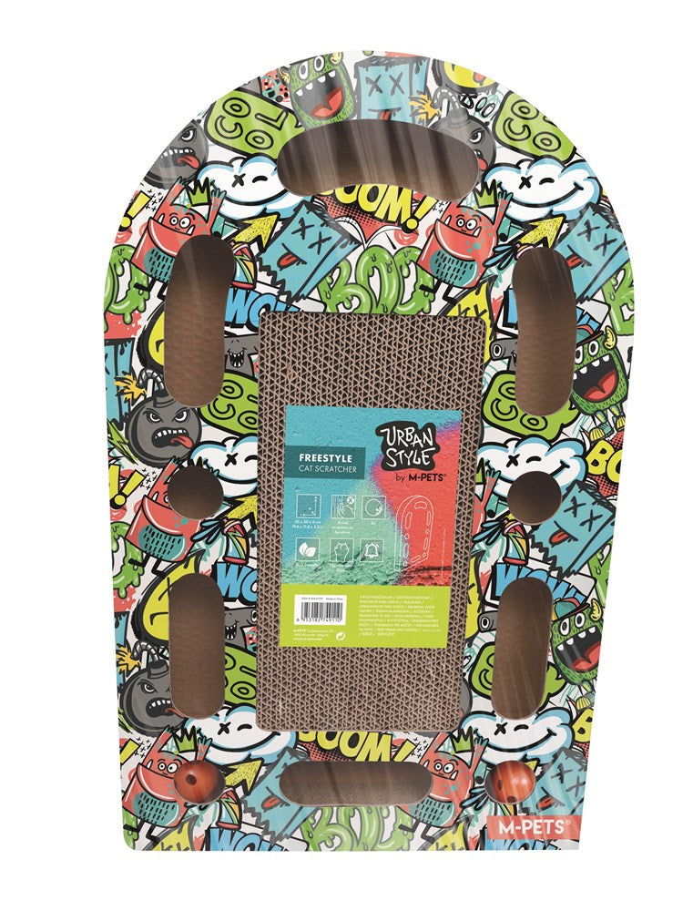 A freestanding cardboard cat scratcher with a colorful graffiti-style pattern and cutouts, shown against a plain white background. The center features a brown corrugated cardboard panel with a product label that reads 'Urban Style' and 'FREESTANDING' at Pet Servo